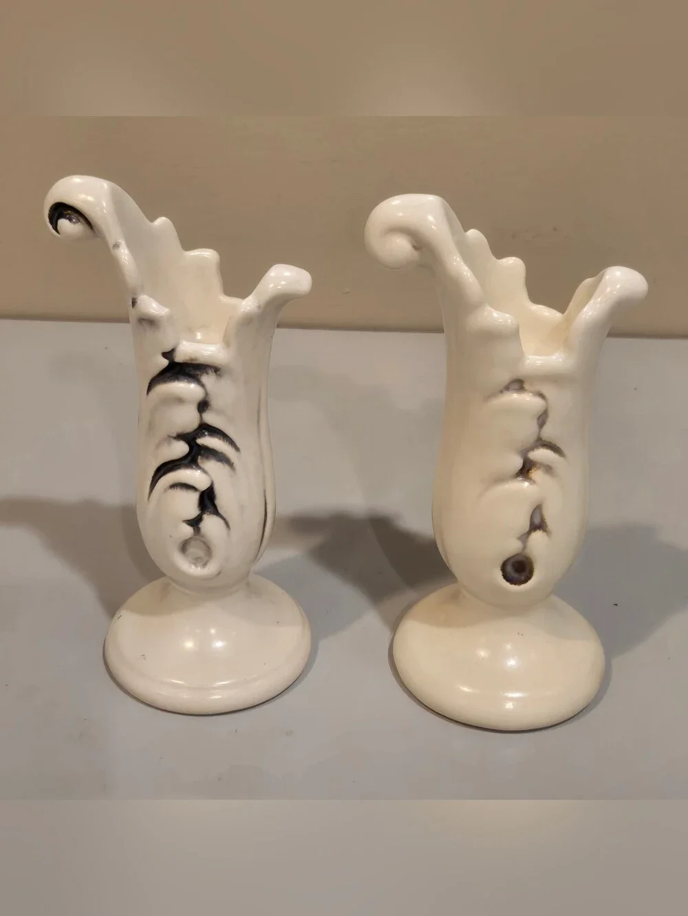 Pair of Decorative Red Wing Pottery White Ceramic Bud Vases with Black Accents